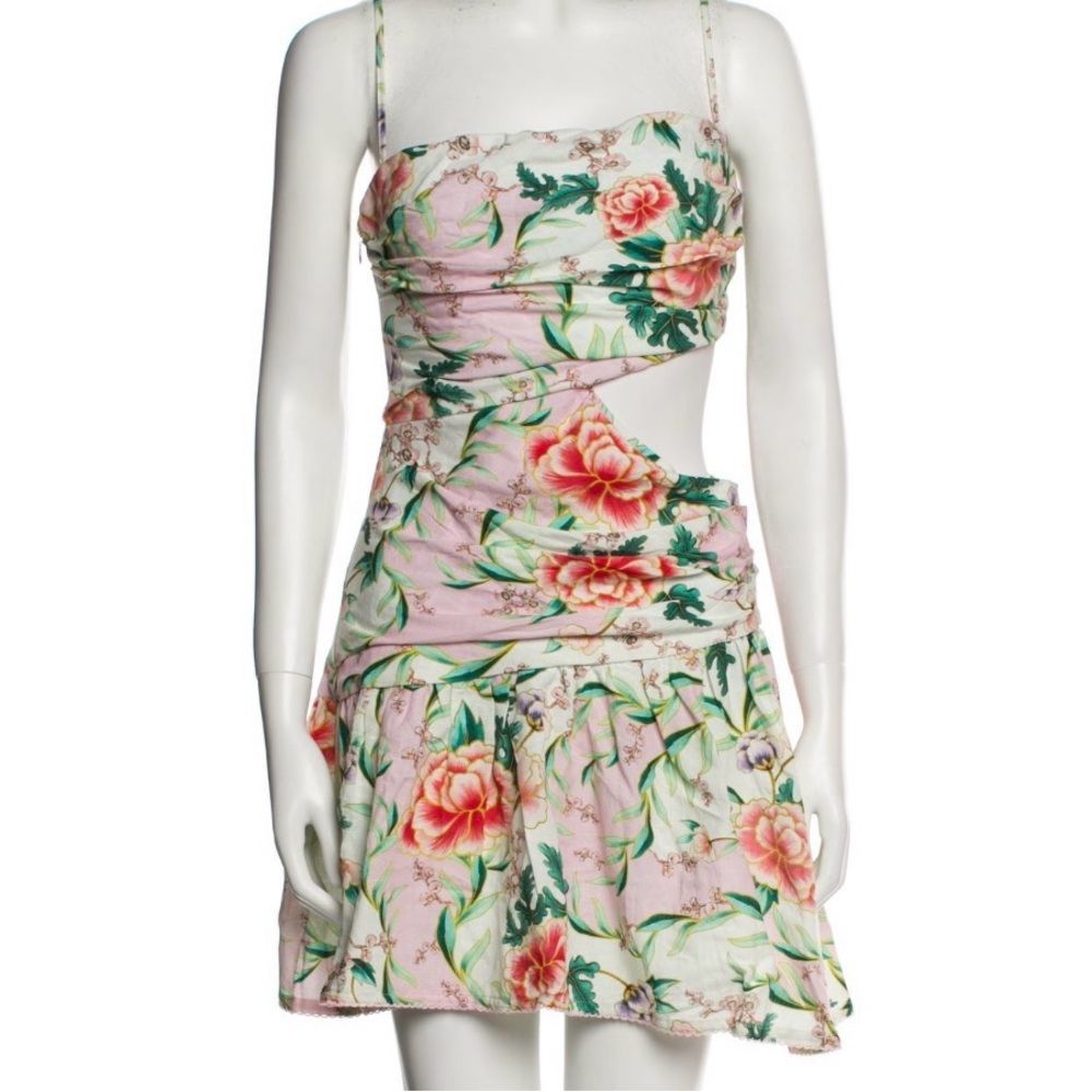 Agua Bendita Cream Tan Ruched Ruffled Mini Dress